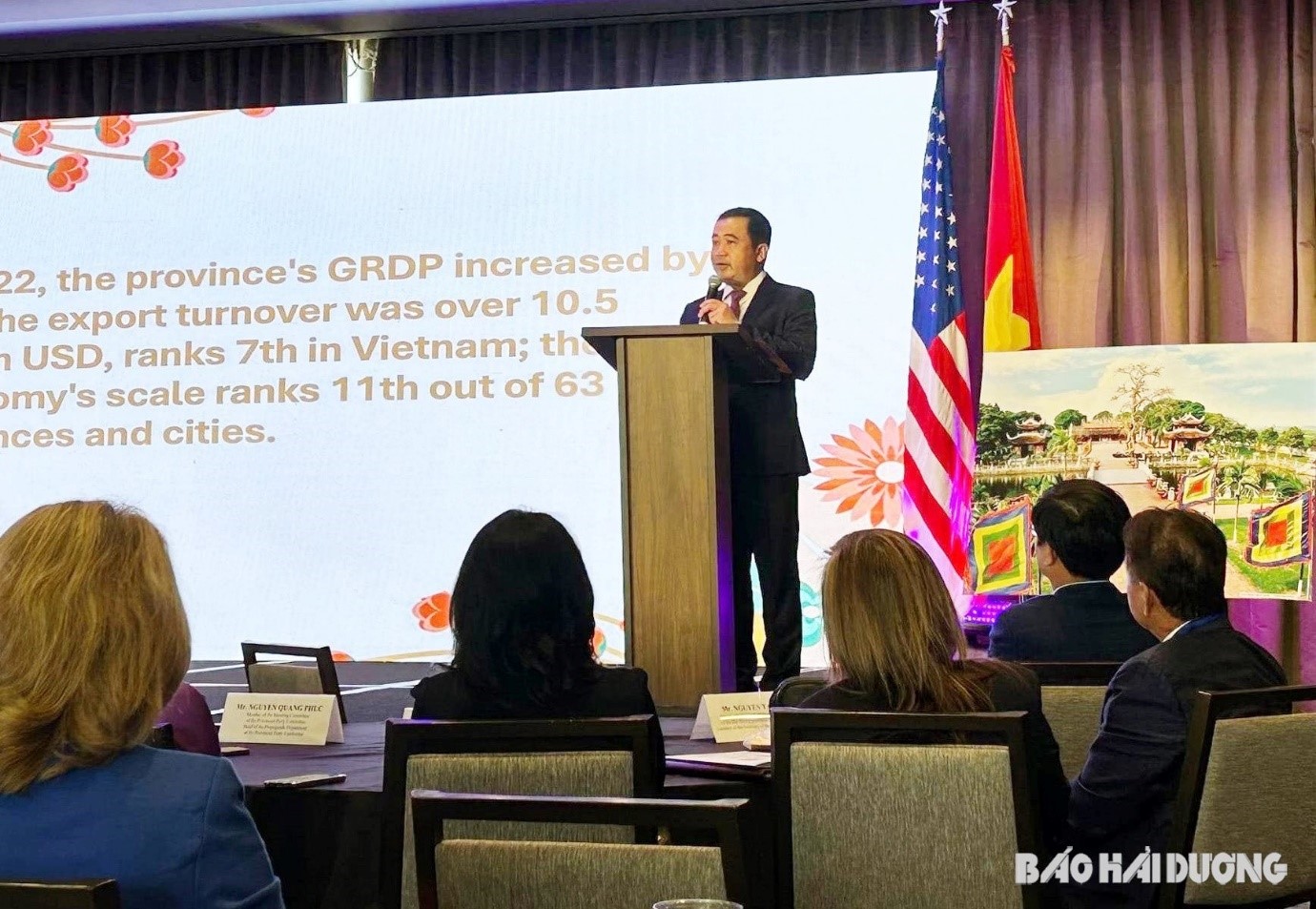 Đồng chí Trần Đức Thắng, Ủy viên Trung ương Đảng, Bí thư Tỉnh uỷ Hải Dương phát biểu tại Hội nghị xúc tiến đầu tư tỉnh Hải Dương ở TP Houston (Hoa Kỳ) tháng 9/2023. Ảnh: Tổng Lãnh sự quán Việt Nam tại Houston