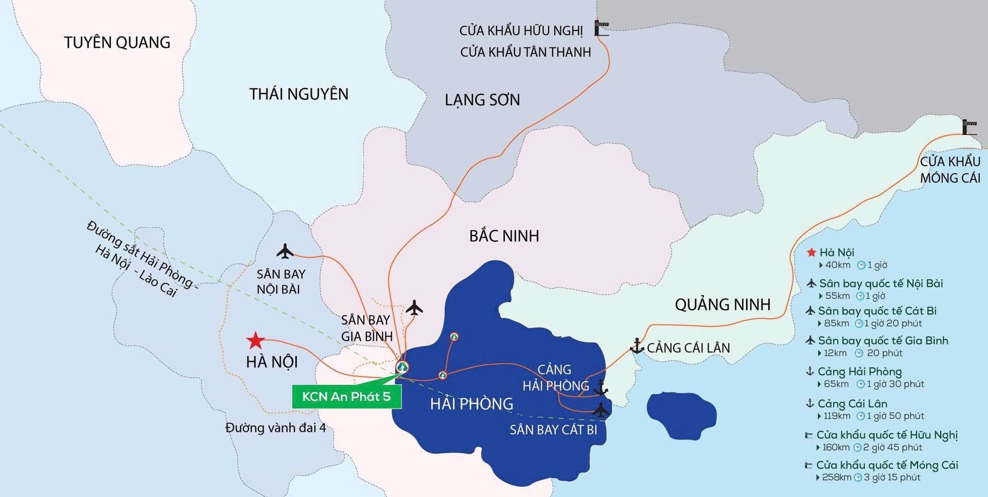 KCN An Phát 5 sở hữu vị trí thuận lợi có thể kết nối với vùng trọng điểm kinh tế miền Bắc.